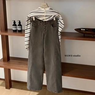 女秋宽松显瘦垂感拖地直筒阔腿裤 版 子纽扣微喇牛仔裤 裤 型超好看