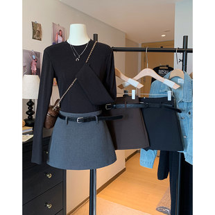 韩系高腰灰色西装半身裙女秋超好看冬绝美巨好看a字防走光短裙子
