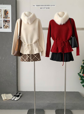 温柔氛围感系带收腰蝙蝠袖毛衣女春季秋冬宽松红色毛领针织衫上衣