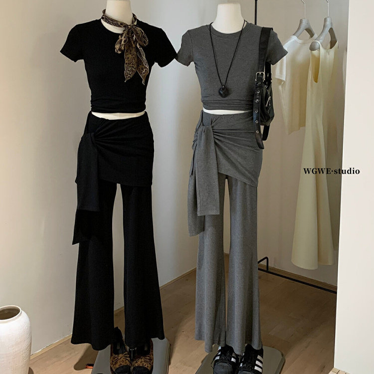 辣妹修身灰色短袖T恤上衣女+设计假两件屁帘休闲微喇长裤两件套装,女装/女士精品,时尚套装,淘宝优惠券,粉丝福利购,淘宝优惠卷