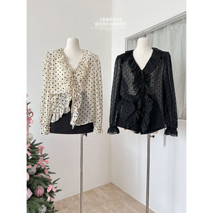 法式浪漫荷叶边雪纺衬衫女秋冬内搭波点泡泡袖长袖衬衣打底衫上衣