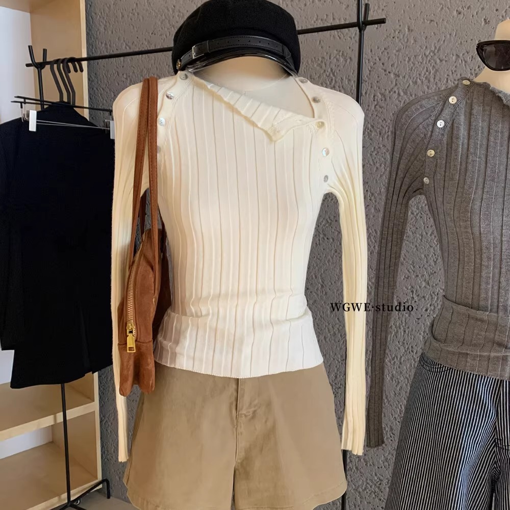 设计感斜肩修身弹力内搭毛衣女