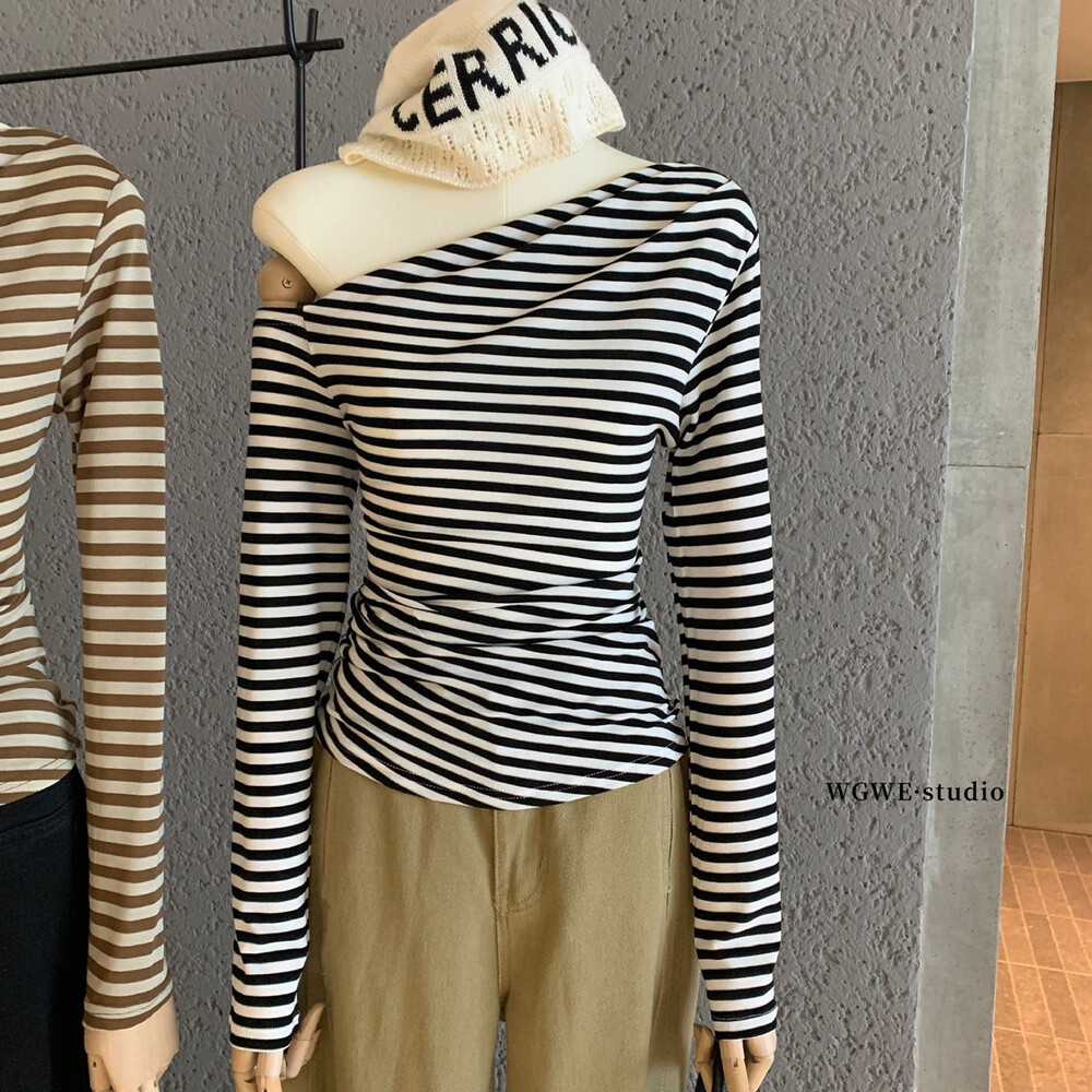 韩系撞色条纹斜肩长袖T恤早秋