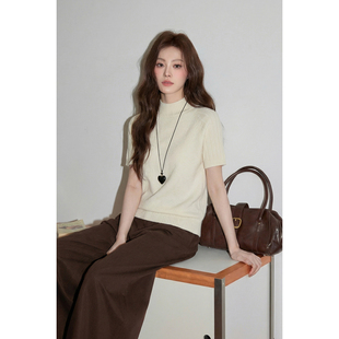 韩系半高领短袖白色针织衫女装2026早春季叠穿修身显瘦打底衫上衣