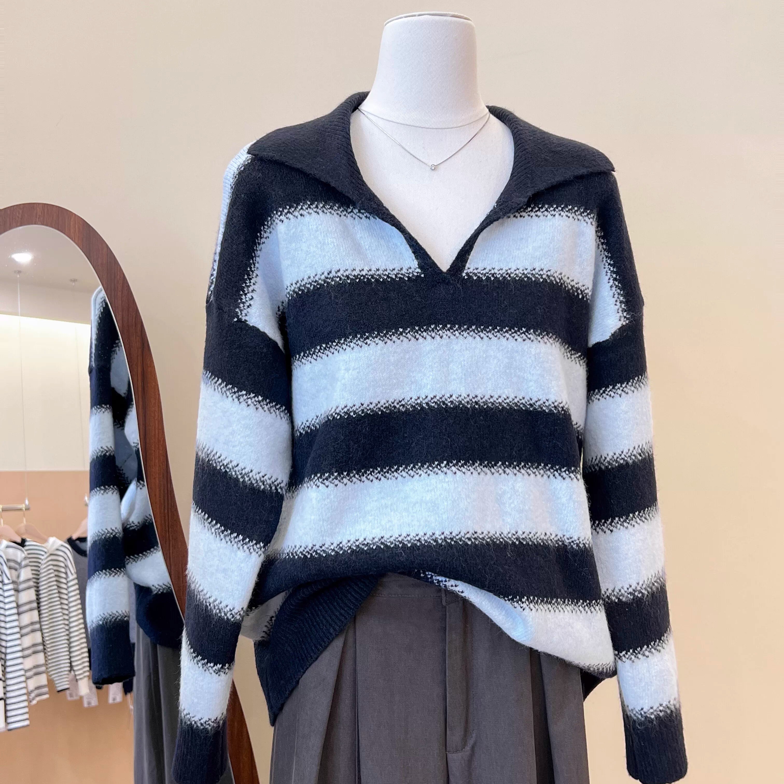 韩系蓝色条纹翻领毛衣女外套厚秋