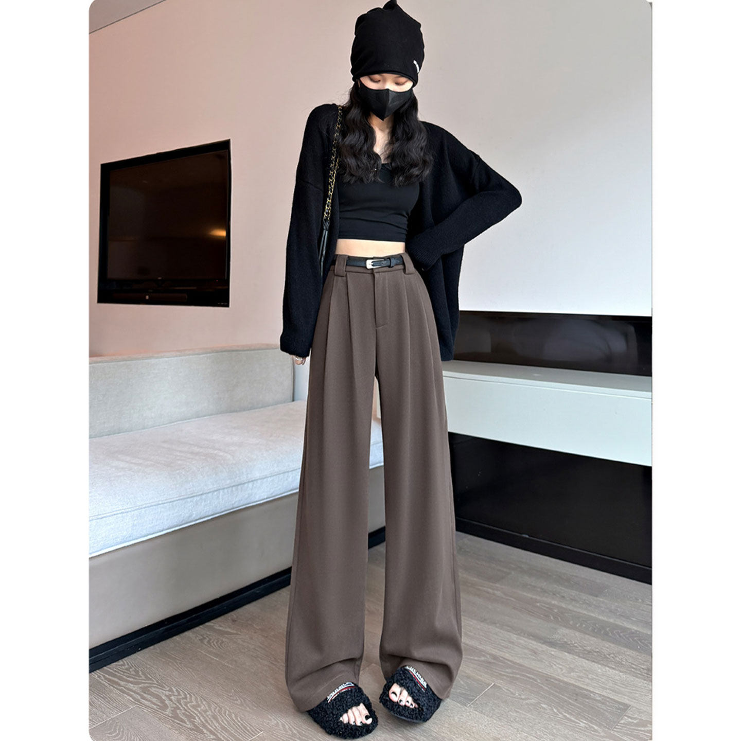 黑色毛呢阔腿西装裤女秋冬季高级高腰垂感小个子直筒拖地休闲裤子,女装/女士精品,休闲裤,淘宝优惠券,粉丝福利购,淘宝优惠卷