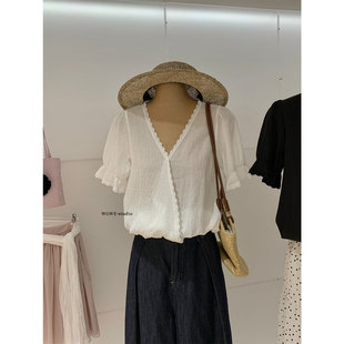 高端别致很仙蕾丝绑带提花后松紧短袖衬衫女夏季法式小资漂亮上衣