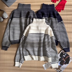 韩系半拉链条纹毛衣女可外穿内搭秋冬宽松显瘦百搭套头针织衫上衣