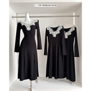 法式高级加绒黑色细闪连衣裙秋冬蕾丝拼接气质收腰年会礼服长裙子