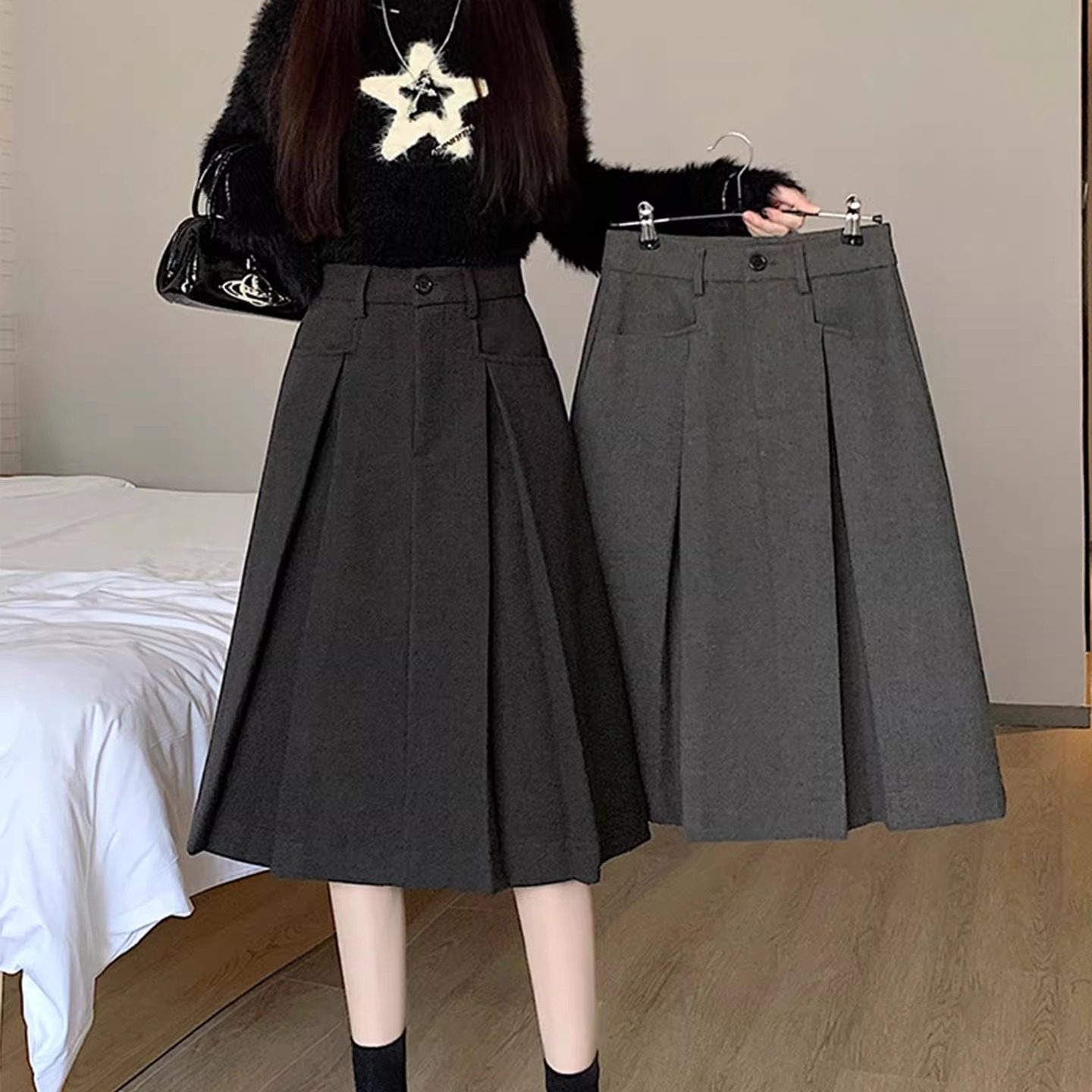 超好看冬装半身裙灰色百褶裙女梨形中长款高级a字黑色毛呢半裙子,女装/女士精品,半身裙,淘宝优惠券,粉丝福利购,淘宝优惠卷