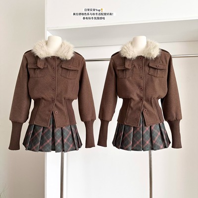高级感复古金属扣毛呢短外套女