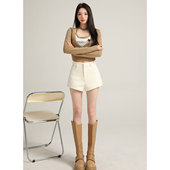 韩系毛呢白色短裤 休闲裤 女秋冬新款 辣妹a字气质高腰黑色外穿靴裤