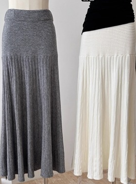 巨好看的坑条好质感白色针织半身裙女秋冬遮胯显瘦气质黑色长裙子