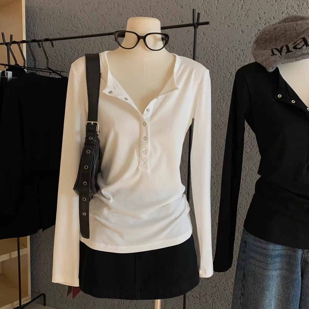 松弛感半排扣打底长袖T恤女简约