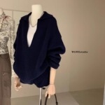 自在起居 松弛感羊毛大V领坑条针织衫短裤休闲套装女秋