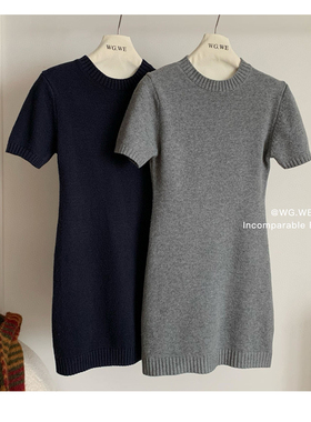 纯色圆领短袖针织连衣裙女装韩系早秋穿搭新款气质修身打底短裙子