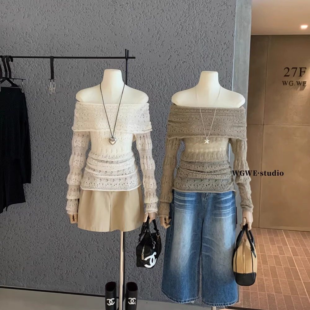 露肩一字领镂空马海毛毛衣女轻熟斜领针织衫韩系氛围感早秋上衣