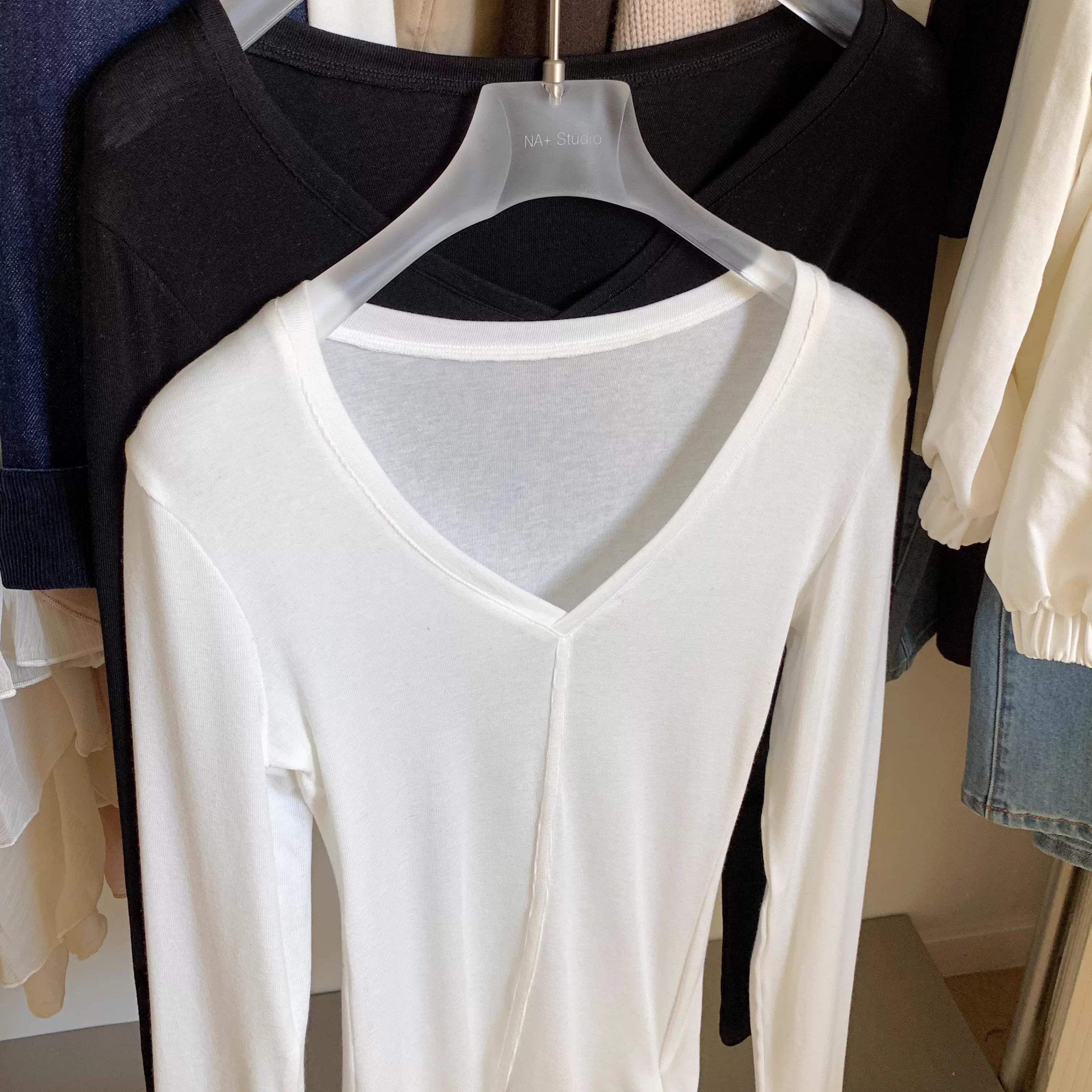 天丝羊毛v领修身微弹力长袖T恤女