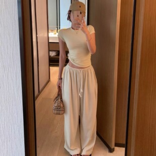 韩系小蛮腰短袖 条纹t恤上衣女 垂感阔腿休闲裤 夏日绝美巨好看套装