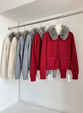 毛毛领高级双口袋复古针织衫女冬设计保暖新年氛围感红色毛衣外套