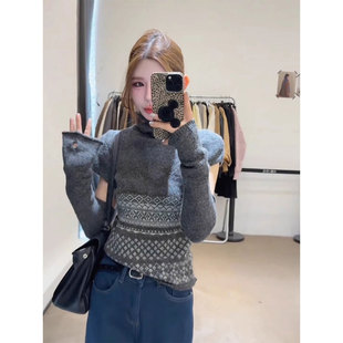 韩系灰色高领提花针织衫女春秋独特漂亮毛衣内搭打底短款袖套上衣