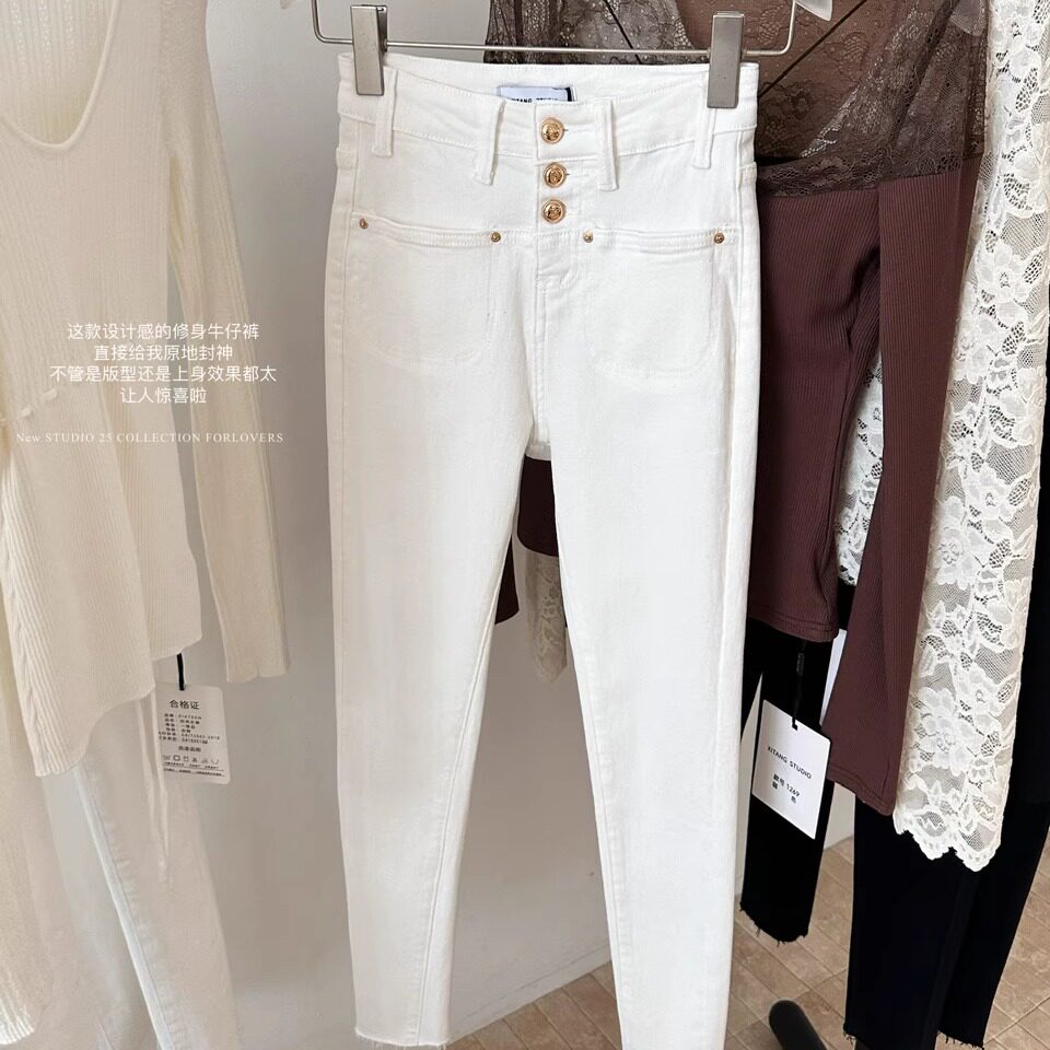 韩女小脚裤白色高腰加绒烟管裤女