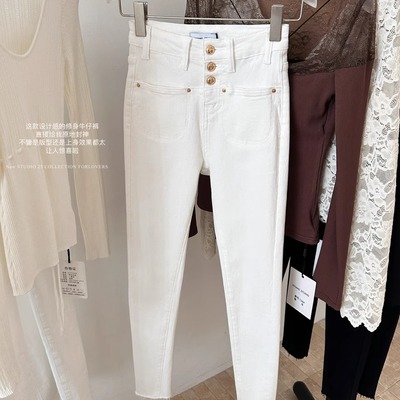 韩女小脚裤白色高腰加绒烟管裤女