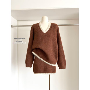 慵懒风v领毛衣女 韩系秋冬季 针织包臀半身裙两件套 套装 巨好看冬装