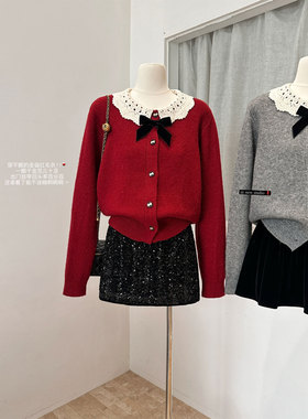 蝴蝶结红色亮片针织开衫女春季秋冬高级感洋气独特灰色毛衣短外套