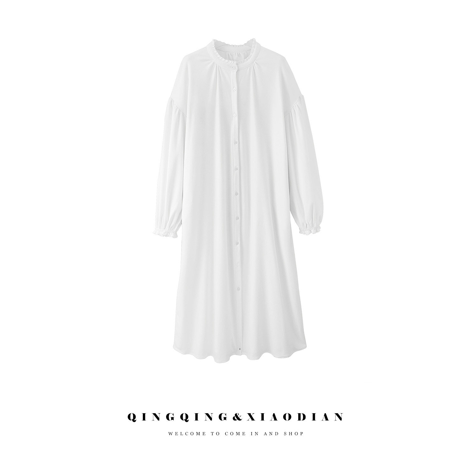 【进店必入】百搭荷叶边领口长袖衬衫裙女宽松显瘦中长款遮肉打底,女装/女士精品,衬衫,淘宝优惠券,粉丝福利购,淘宝优惠卷