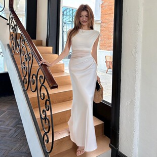 实拍2025春夏新款 连衣裙女包臀鱼尾长裙 设计网纱缎面拼接镂空修身