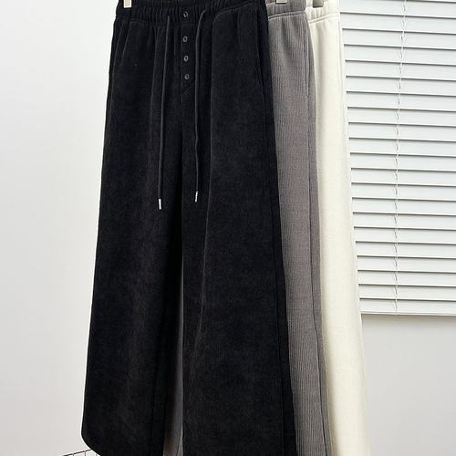 实拍2025冬装新款胖mm大码女加绒加厚休闲百搭纽扣抽绳阔腿裤