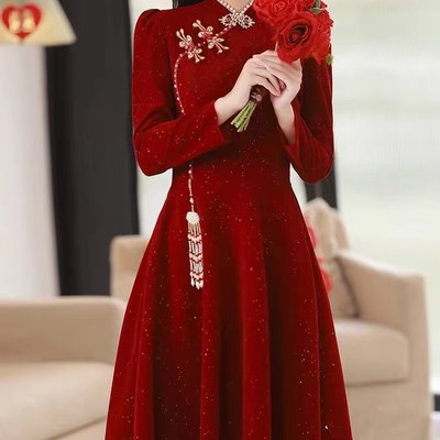 旗袍敬酒服新款秋冬新娘小个子回门结婚便装酒红色订婚礼服女