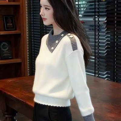 2025冬季新款老钱风拼色翻领针织衫毛衣女高级感休闲气质长袖上衣