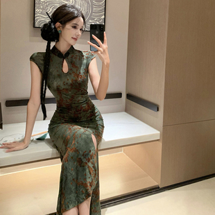 连衣裙女 改良旗袍御姐气质长款 实拍 复古扎染植绒新中式