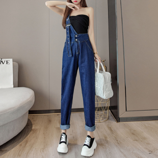 老爹裤 夏萝卜裤 薄款 实拍实价高腰宽松单肩2粒扣哈伦牛仔背带长裤