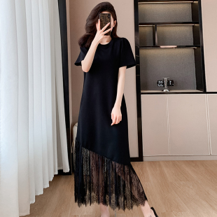法式 轻奢气质减龄显瘦黑色长裙 高级感蕾丝拼接连衣裙2025夏大码