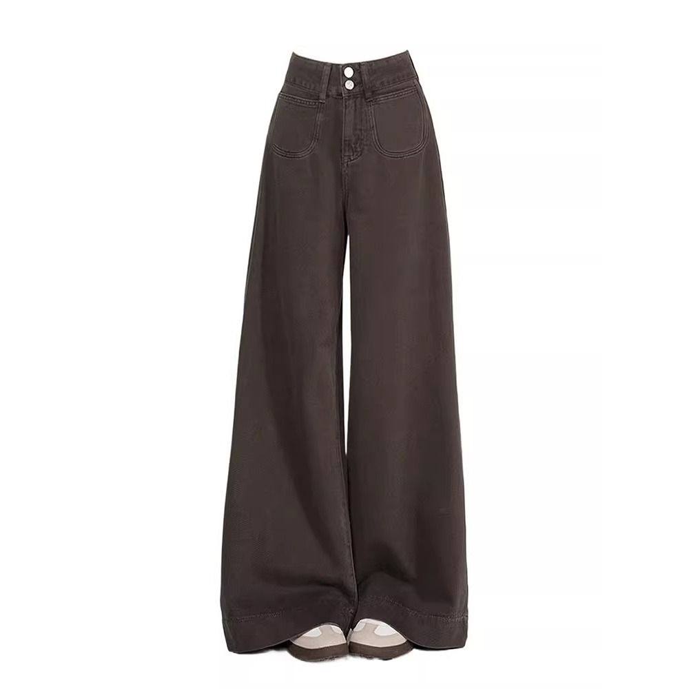 实价咖色阔腿牛仔裤女秋季大码胖mm高腰宽松百搭拖地直筒裤子