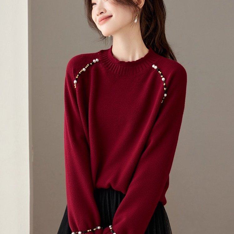 高级感钉珠灰色正肩针织衫毛衣女2026秋冬新款大码胖mm马海毛上衣