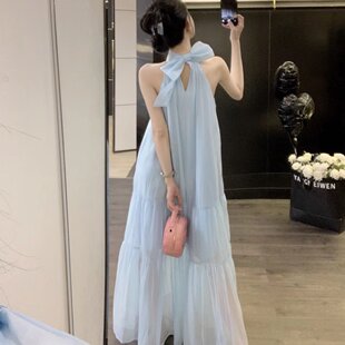 明星张碧晨白鹿同款 蓝色蝴蝶结挂脖吊带连衣裙夏长裙海边度假裙子