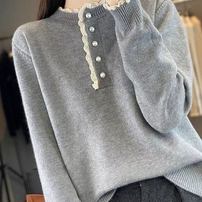 拼接花边蕾丝领针织打底衫女2025新款内搭洋气大码女装秋冬季毛衣