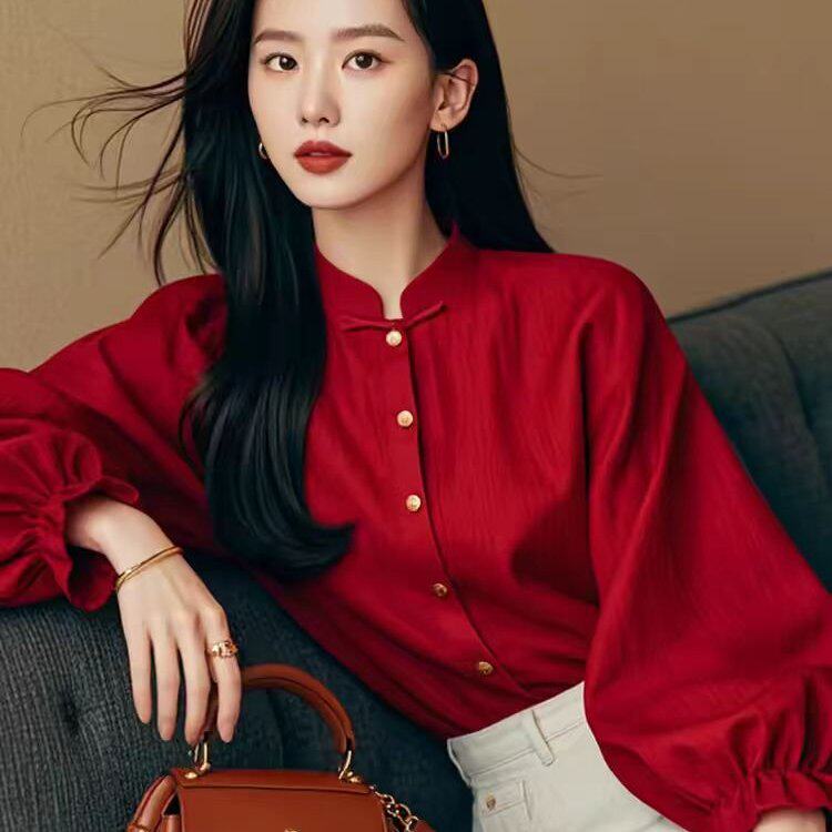 有货 2026春秋穿搭新中式国风红色长袖衬衫女高级感上衣小衫