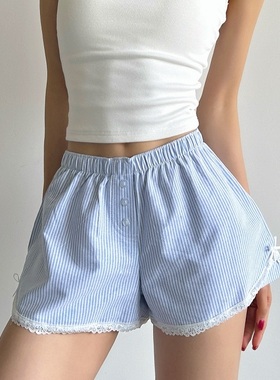 蓝白条纹甜美美式高腰裤子BM感条纹蕾丝家居休闲裤短裤度假裤女