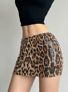美式辣妹带内衬豹纹亮片半身裙女ins潮纯欲低腰微弹裙包臀短裙