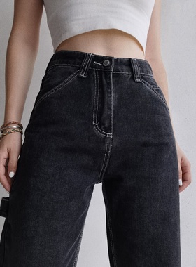 好穿惨了！直筒牛仔裤女宽松2025新款高腰拖地工装阔腿裤烟灰色