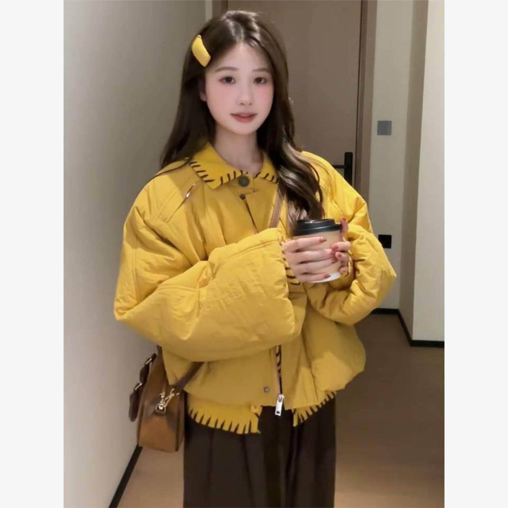 黄色短款羽绒棉服女冬季韩版小个子高级感宽松百搭保暖面包服外套