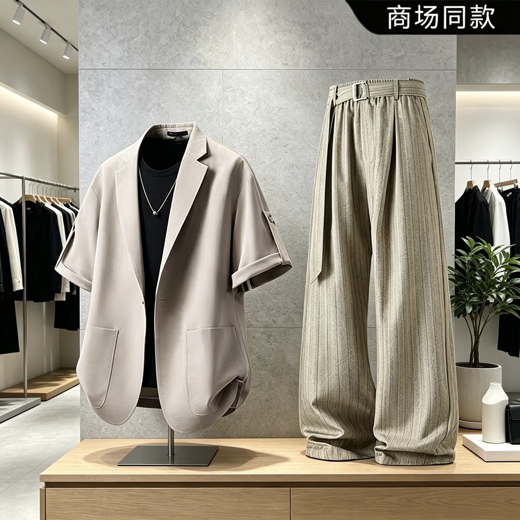 夏季无领短袖通勤显瘦抗皱西服套