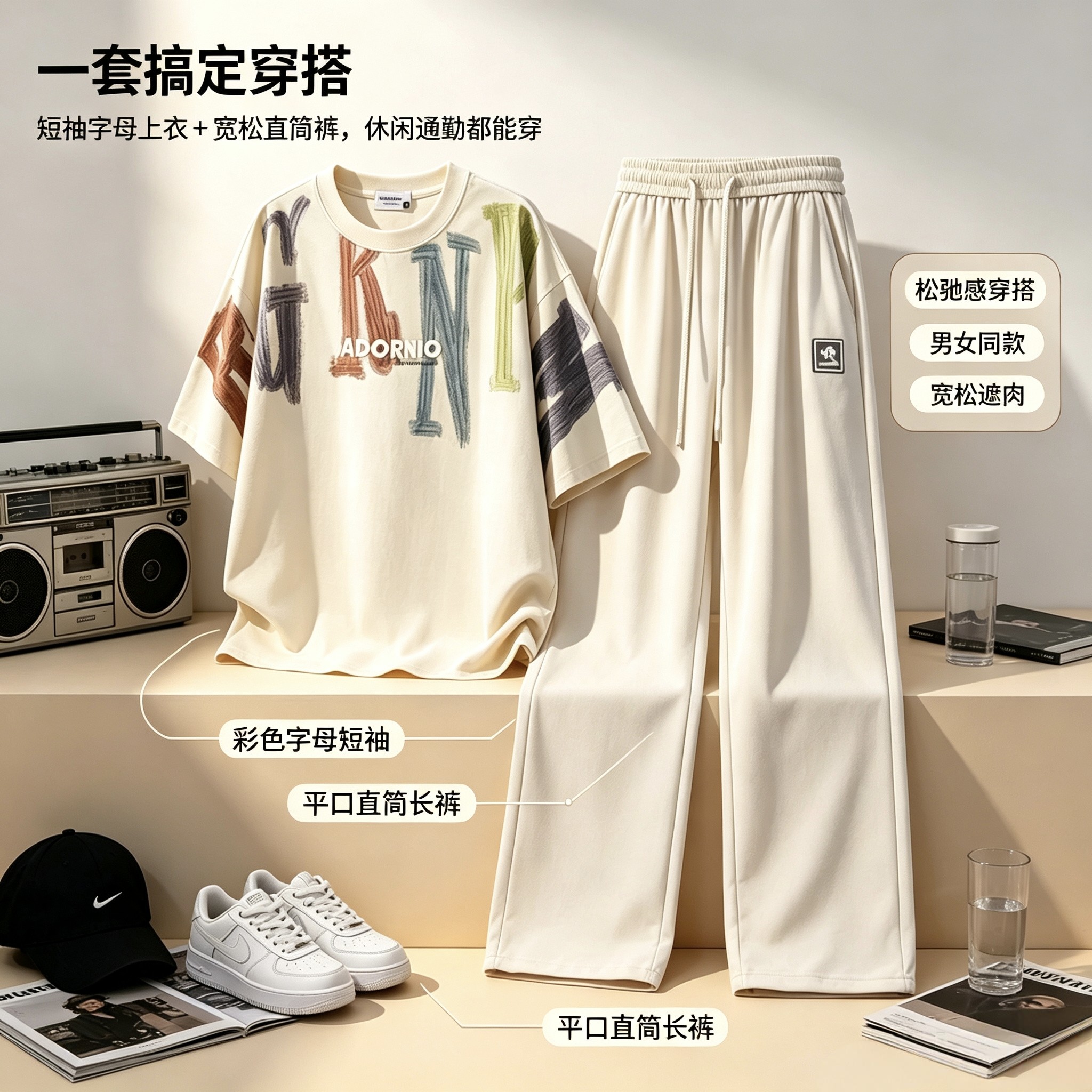 夏季男印花短袖+阔腿裤三件套