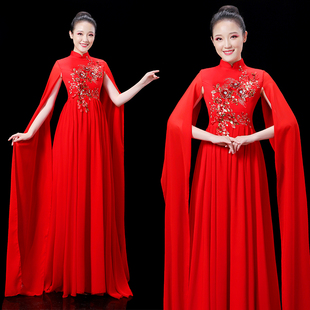新款 长裙大红色 礼服古筝钢琴演奏朗诵表演大合唱团演出中国风水袖