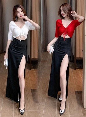 拼色ktv性感足浴桑拿技师工作服夜总会性感开叉晚礼服显瘦连衣裙